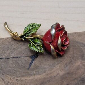 Vintage Rafaelian Red Rose Gold Tone Painted Figural Brooch‎ Pin